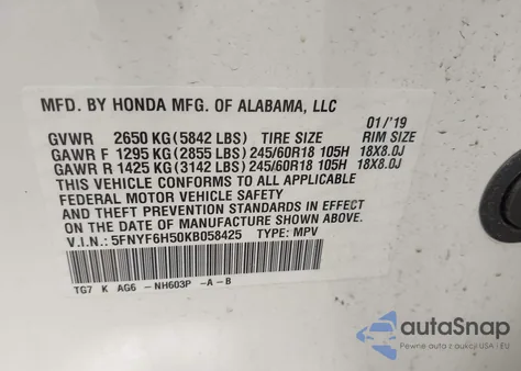 2019 Honda Pilot Ex-L z USA, uszkodzony, nr VIN 5FNYF6H50KB058425